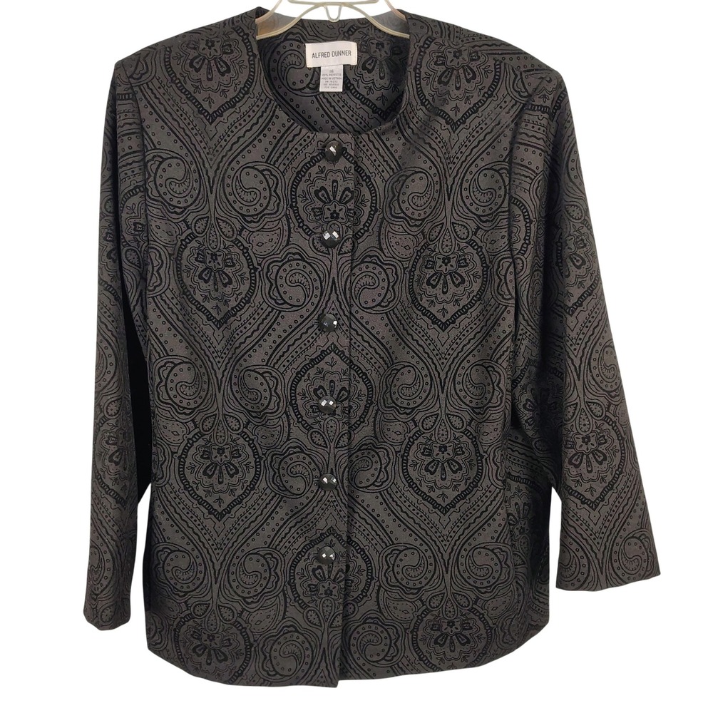 Alfred Dunner Womens SZ 16 Paisley Flocked Jacket Grey Black Dark Academia Goth